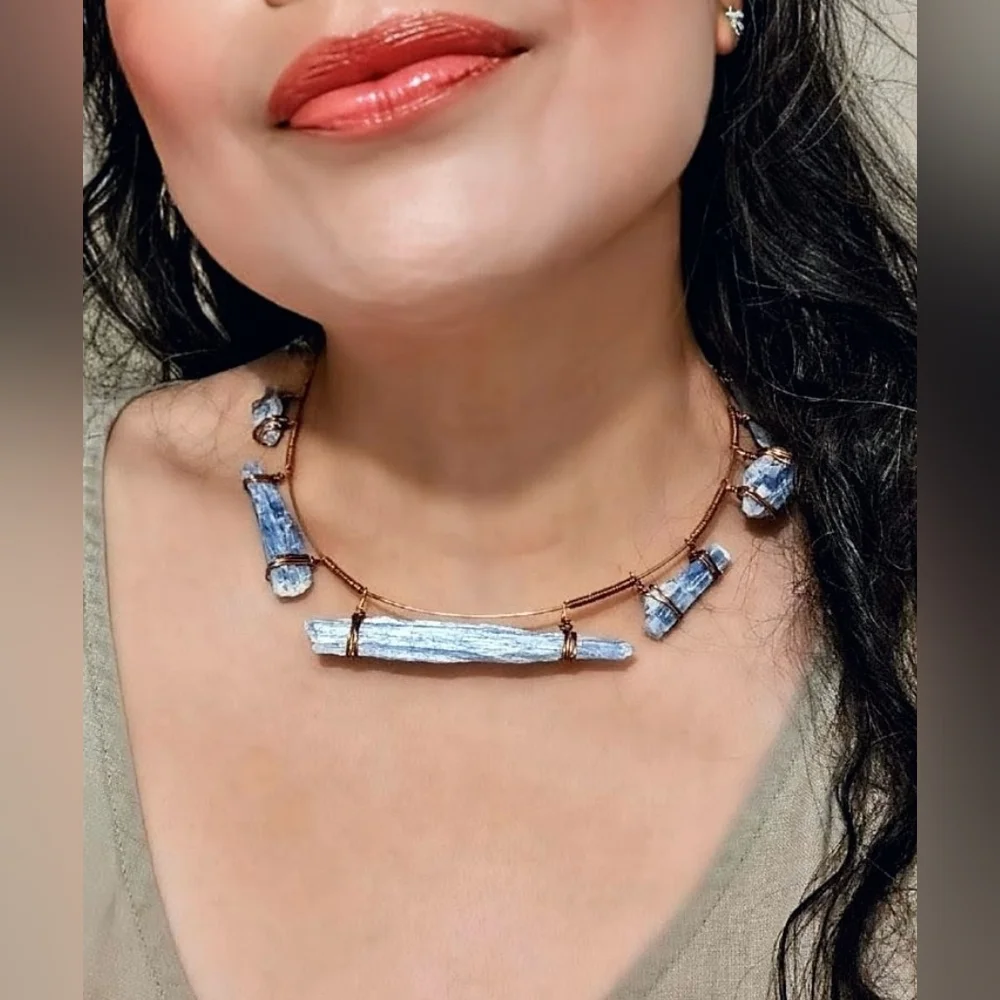 Awakening Natural Blue Kyanite Blades In Handwired Primitive Copper Necklace